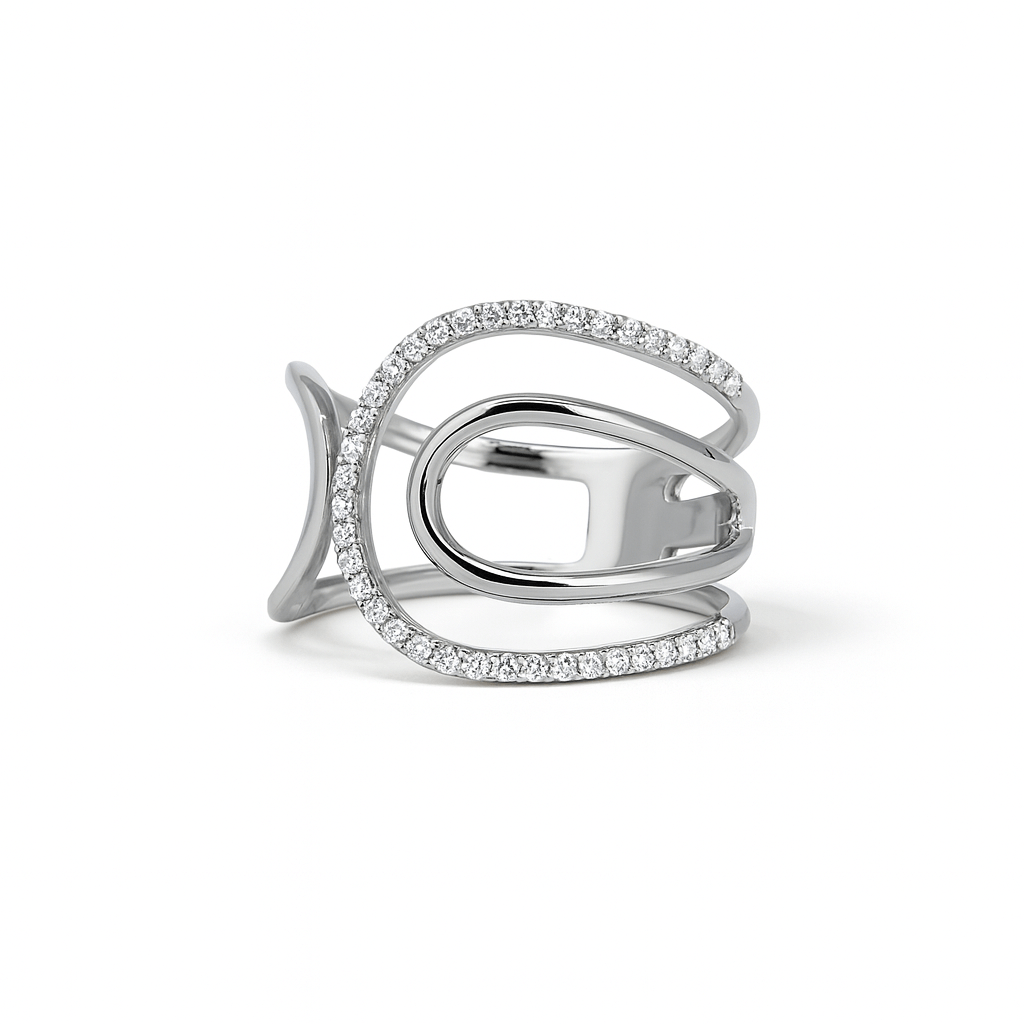 Anello oro bianco fantasia linee curve e diamanti taglio brillante