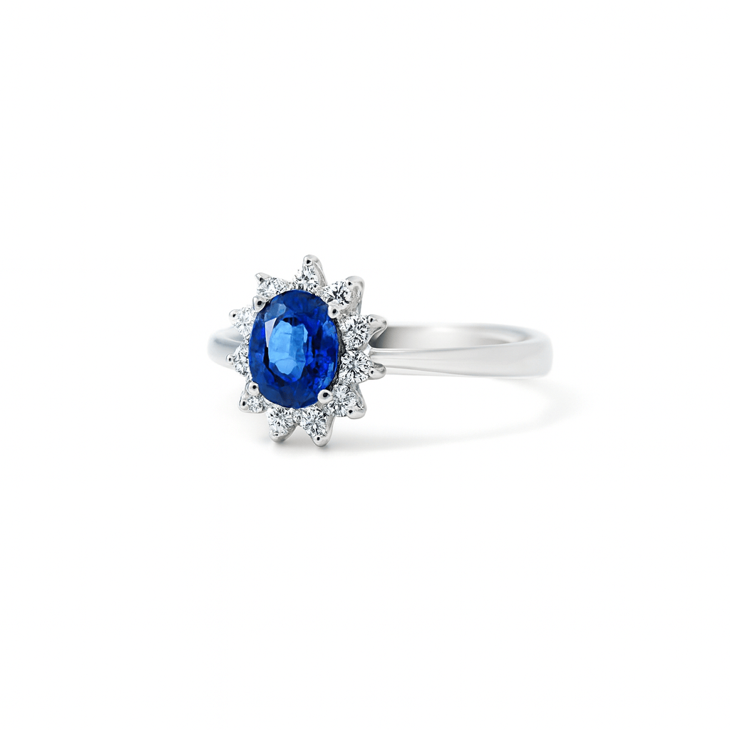 Anello in oro bianco, zaffiro ovale e brillanti