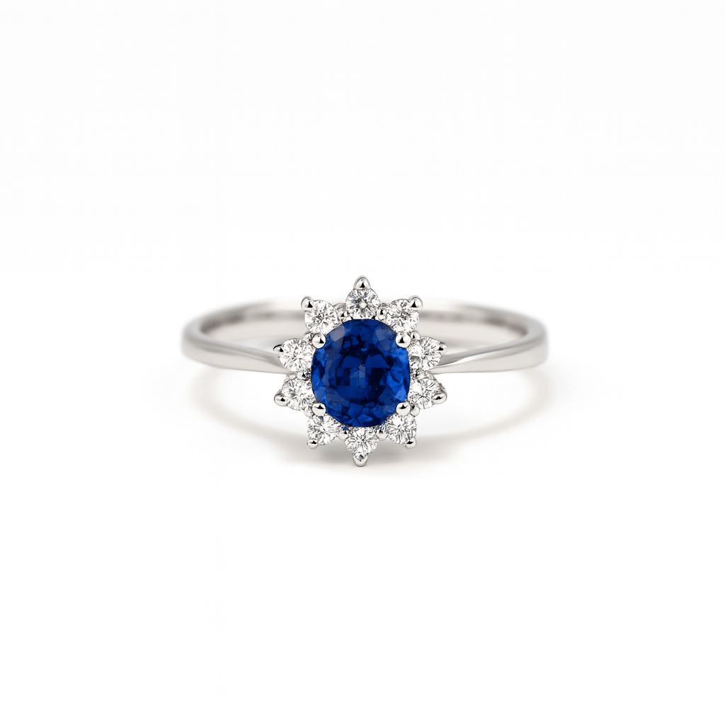 Anello in oro bianco, zaffiro ovale e brillanti